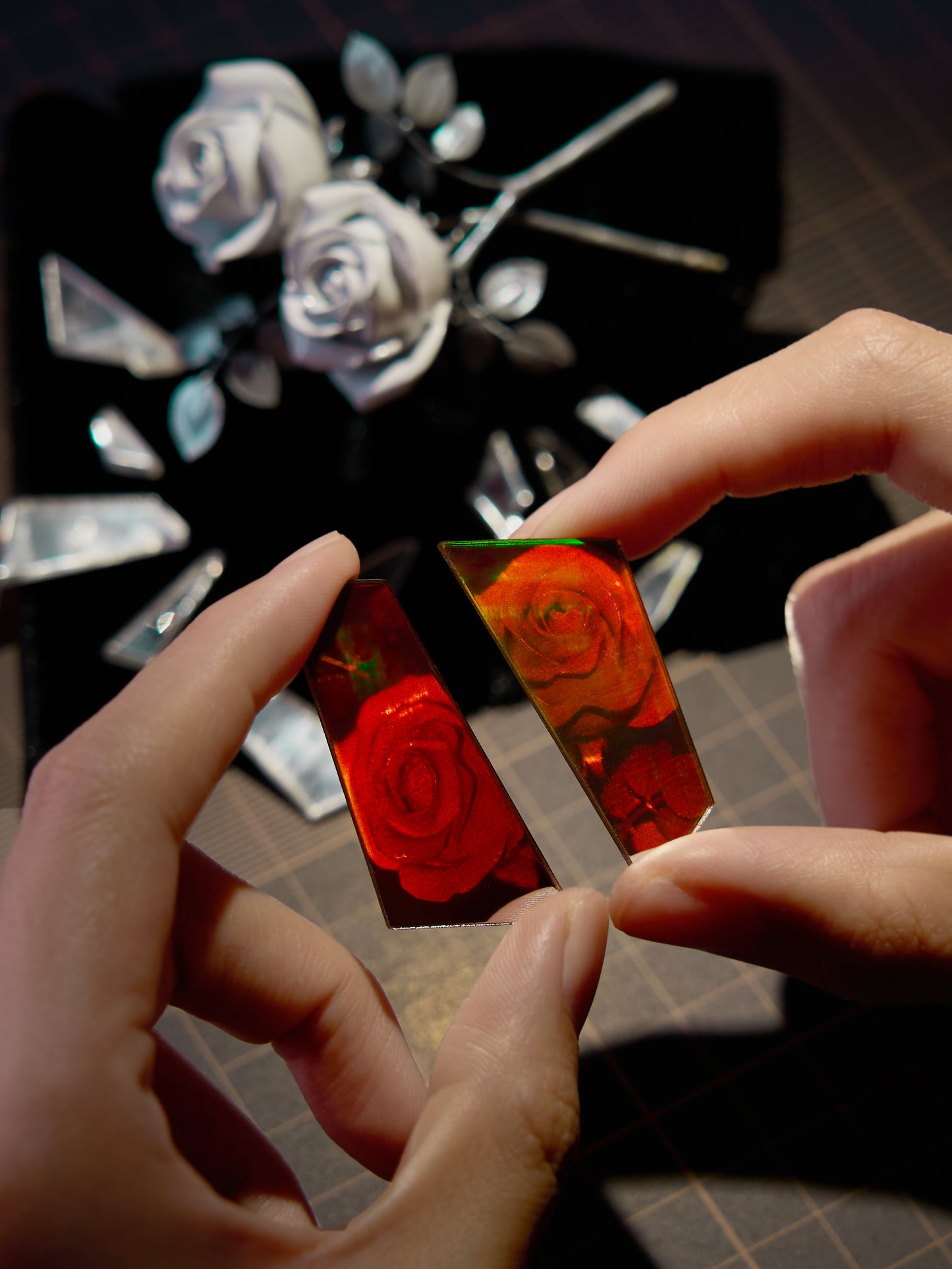 Fragments of a Hologram Rose Necklace | Handmade Real Hologram (paired)